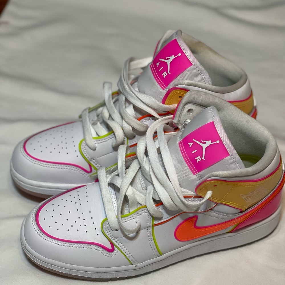 Brand: nike air Jordan, color: white w/ neon colors, size: boys grade school 5.5